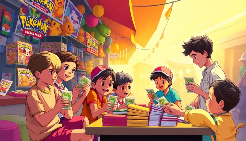 Children play Pokémon TCG in an Indian market, showcasing vibrant cards and merchandise.