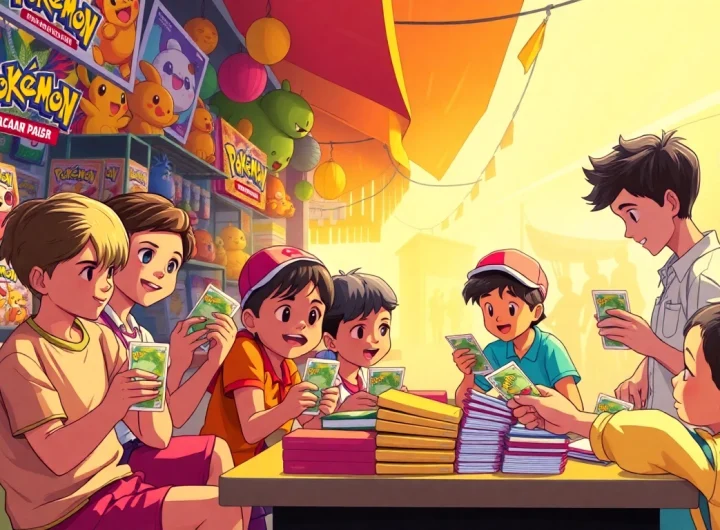 Children play Pokémon TCG in an Indian market, showcasing vibrant cards and merchandise.