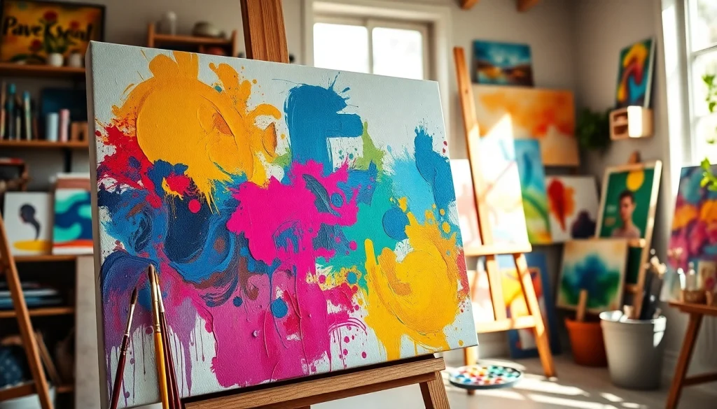 Canvas kunstwerk in een artistieke studio met kleurrijke verf en creatieve materialen.
