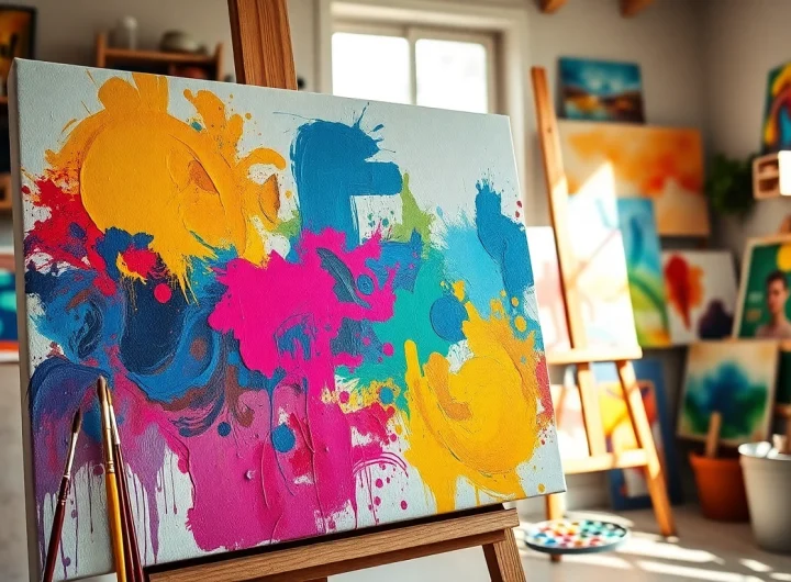 Canvas kunstwerk in een artistieke studio met kleurrijke verf en creatieve materialen.