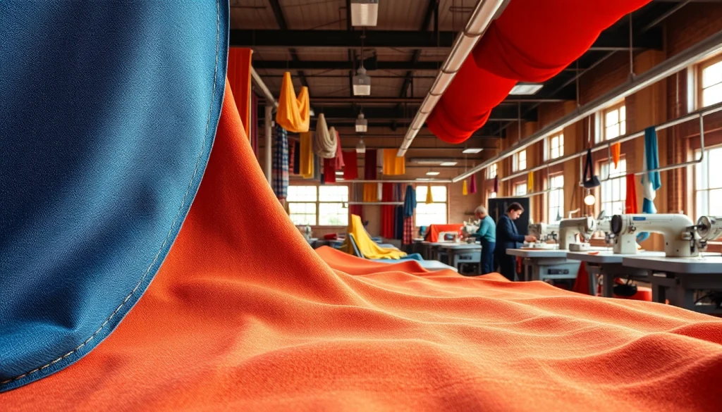 Canvas stof in een levendige textielwerkplaats met verschillende kleuren en texturen.