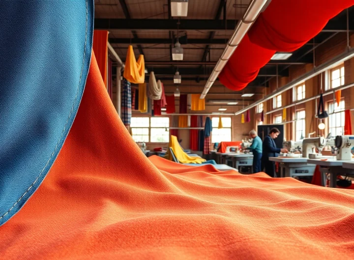 Canvas stof in een levendige textielwerkplaats met verschillende kleuren en texturen.