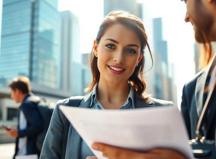 Traveling notary assisting clients in a vibrant urban environment while signing important documents.