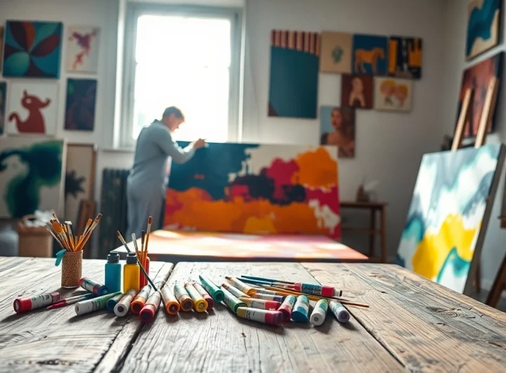 Maak kunstwerken op canvas met levendige kleuren in een heldere studio.
