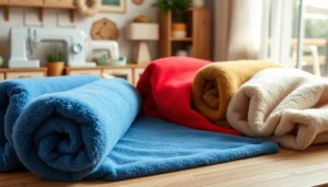 Fleece stof rol in verschillende kleuren en texturen op een houten tafel.