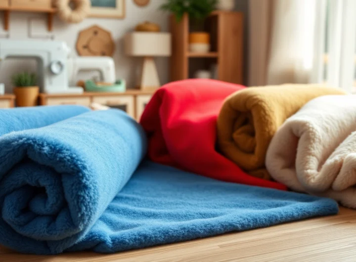 Fleece stof rol in verschillende kleuren en texturen op een houten tafel.