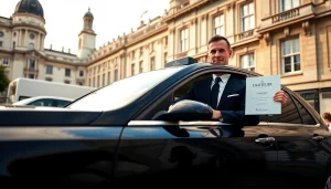 Professional london chauffeur waiting by a luxury vehicle in London, showcasing elegance and service.