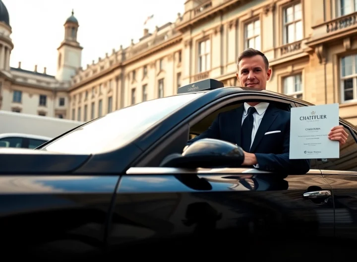 Professional london chauffeur waiting by a luxury vehicle in London, showcasing elegance and service.