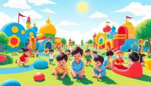 토토피아에서 다채로운 놀이터를 탐험하는 아기와 유아들 모습