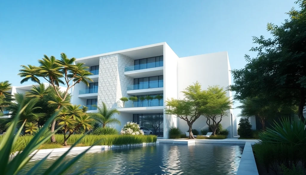 Erleben Sie eine beeindruckende architektur visualisierung eines modernen Wohngebäudes in einer idyllischen Umgebung.