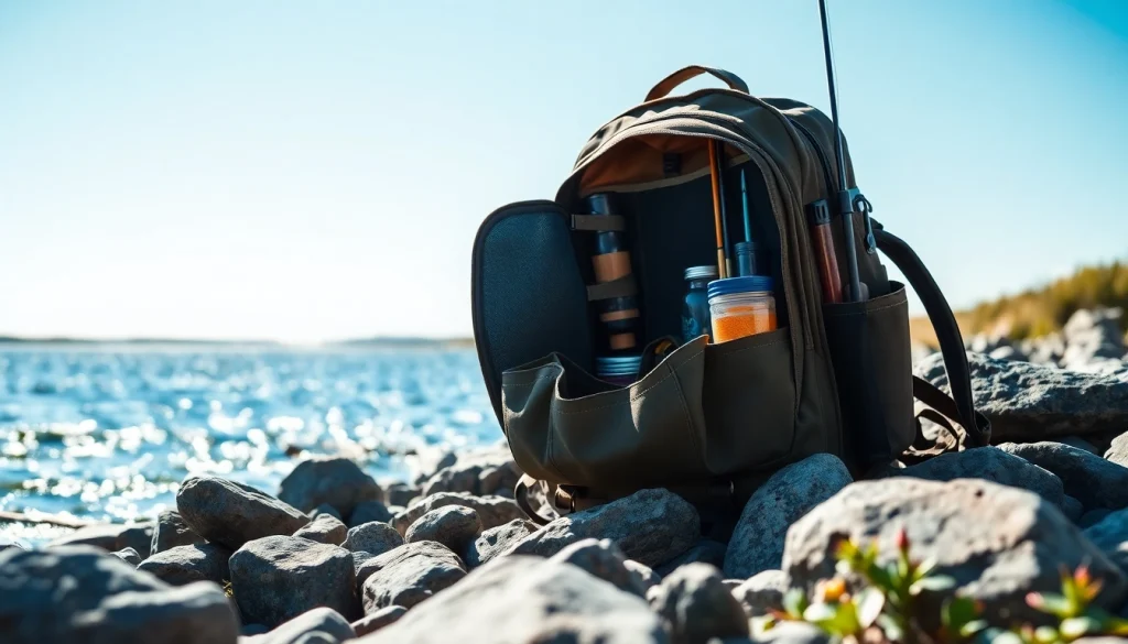 Engaging visual of a Fly fishing backpack by a serene riverbank showcasing organized fishing gear.