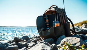 Engaging visual of a Fly fishing backpack by a serene riverbank showcasing organized fishing gear.