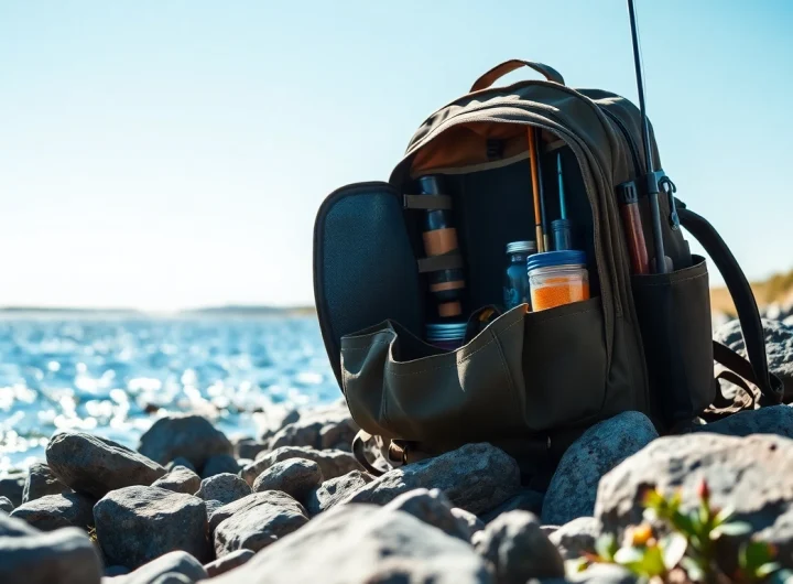 Engaging visual of a Fly fishing backpack by a serene riverbank showcasing organized fishing gear.