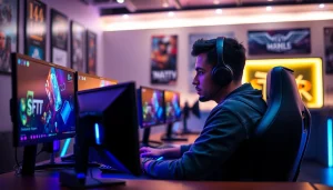 Gamer bermain di ruang gaming modern sambil menggunakan mild88 untuk pengalaman terbaik.