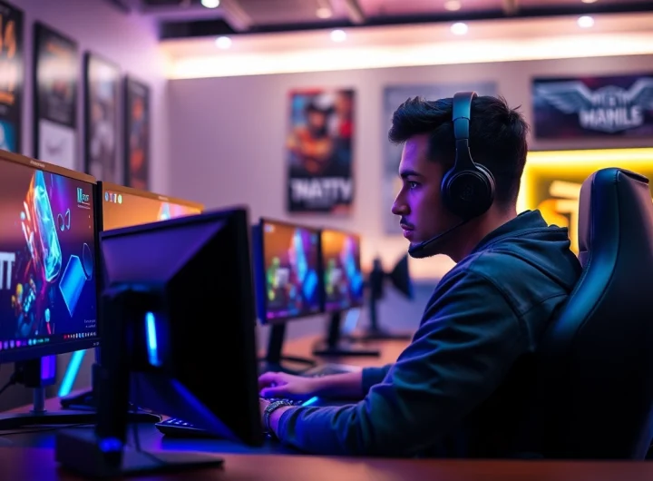 Gamer bermain di ruang gaming modern sambil menggunakan mild88 untuk pengalaman terbaik.