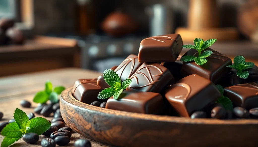 Enjoy delicious chocolate edibles 1000mg on a wooden platter with fresh mint and cocoa beans
