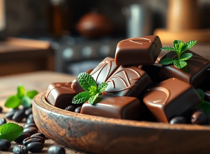 Enjoy delicious chocolate edibles 1000mg on a wooden platter with fresh mint and cocoa beans